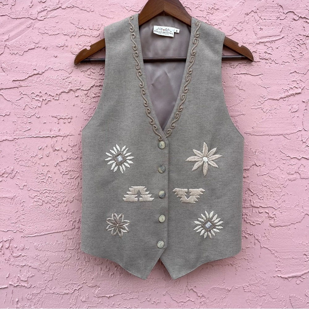 Vintage Susan Bristol Embroidered Vest Western Floral Wool Hong Kong Size 8
